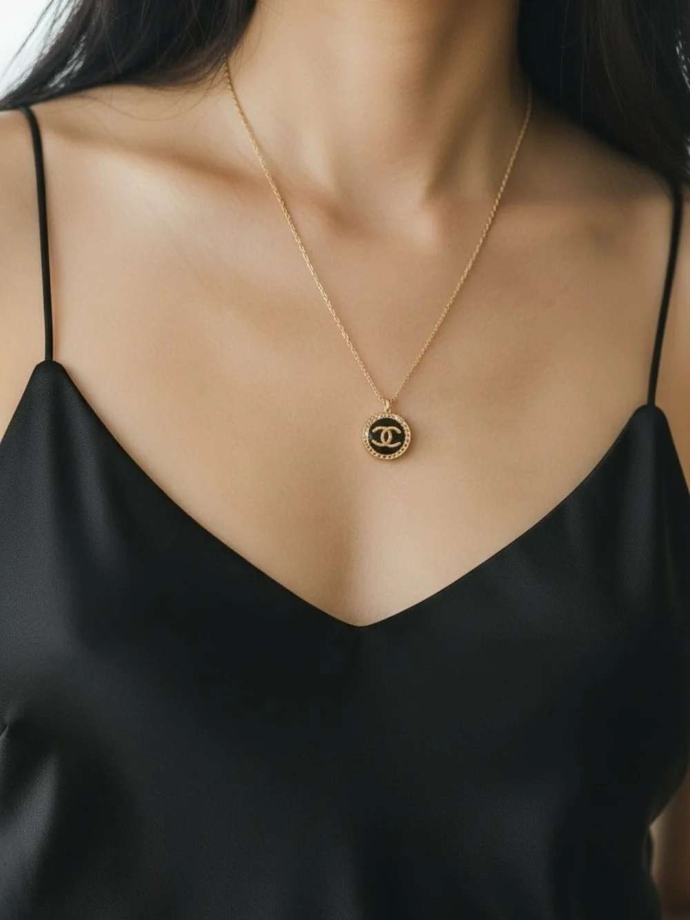 SUPER EUC CHANEL Gold Tone Chain & Black/Gold Pendant with COA